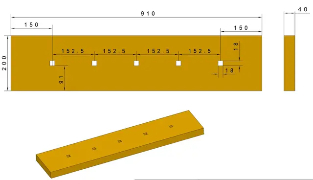 Tellefsdal sliteskjær, 5 hull PU 95 shA (910x200x40) 